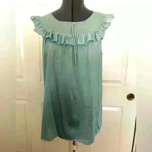 VTG viscose nylon sage green PJ top ruffle front best fits M-L